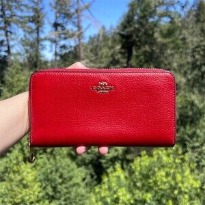 COACH Long Zip-Around Wallet RED Pebble Leather w Gold Hardware AUTHENTIC